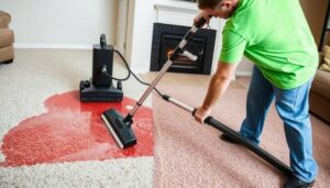 A-1 Carpet Cleaning service in Ames, Iowa, showcasing a vibrant scene of a professional cleaning technician using advanced equipment on a freshly stained carpet, water damage being treated, bright colors highlighting the cleanliness process, cozy home environment, emphasizing the textures of the carpet and water being extracted, vivid representation of the transformation from stained to spotless.