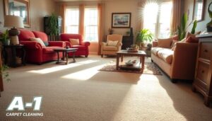 Interior scene of a cozy living room in Ames, Iowa, showcasing freshly cleaned carpets and bright sunlight streaming through the windows, with vibrant furniture and houseplants, a warm and inviting atmosphere, attention to detail highlighting cleanliness and comfort, featuring the brand name 'A-1 Carpet Cleaning' subtly incorporated into the decor.