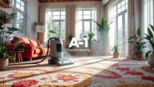 A vibrant living room with a plush, colorful carpet being cleaned, showcasing a professional carpet cleaning machine in action. The scene includes sunlight streaming through large windows, highlighting dust particles in the air, and various indoor plants to emphasize freshness and improved air quality. "A-1 carpet cleaning" logo subtly integrated into the design elements of the room without text.