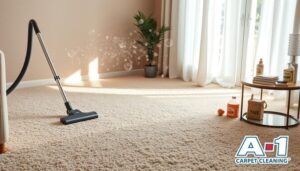 A cozy living room with a soft, plush carpet in varying shades of beige, a sleek vacuum cleaner in the corner, showing air particles being captured; sunlight streaming through the window, illuminating dust motes in the air, scattered allergy relief products on a side table, indicating the importance of regular carpet cleaning for allergy sufferers; A-1 carpet cleaning logo subtly integrated into the pattern of the carpet.