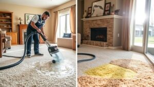 A-1 carpet cleaning, a professional technician in action, using advanced equipment to extract water and clean carpets, vibrant colors highlighting water droplets and stains being removed, a cozy interior of a home in Ames, sunlight streaming through windows, showcasing the transformation of the carpet.