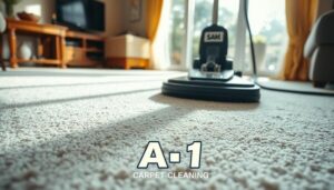 A clean, freshly washed carpet with water droplets glistening, a powerful carpet cleaning machine in action, surrounded by a vibrant living room setting with sunlight streaming through the window, emphasizing the transformation from stained to spotless, showcasing a sense of freshness and comfort, brand logo "A-1 Carpet Cleaning" subtly integrated into the design.