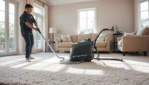 "An inviting living room in Ames, Iowa, with a plush carpet being professionally cleaned by a technician in uniform. The scene is bright and clean, showcasing modern carpet cleaning equipment. Sunlight filters through large windows, illuminating dust particles floating in the air, emphasizing cleanliness. Include the brand name 'A-1 Carpet Cleaning' subtly integrated into the cleaning equipment design."