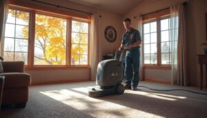 Vibrant scene of carpet cleaning in a cozy home in Ames, Iowa, with sunlight streaming through windows, showcasing fresh, clean carpets. A professional cleaner from 'A-1 carpet cleaning' using a state-of-the-art machine, surrounded by autumn leaves outside the window, creating a warm and inviting atmosphere.