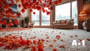 Seasonal carpet cleaning in Ames, Iowa, showcasing vibrant autumn leaves falling on a freshly cleaned carpet, with a cozy living room setting featuring a large window revealing a snowy winter landscape outside, warm lighting illuminating the space, the brand name 'A-1 Carpet Cleaning' subtly integrated into the design, no text or characters.