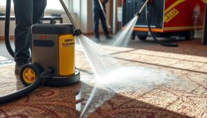 A-1 carpet cleaning team in action, modern equipment extracting water from a plush carpet, vibrant colors showcasing the cleaning solution, dynamic motion of water droplets, bright and clean environment with reflections, emergency scenario emphasizing urgency and efficiency.