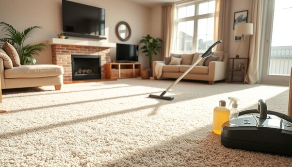 A cozy apartment living room with a plush, clean carpet, featuring a professional carpet cleaner in action, showcasing bright, fresh colors and attention to detail. The scene captures sunlight streaming through large windows, highlighting the texture of the carpet, with cleaning tools and products artistically arranged nearby. Include the brand name "A-1 carpet cleaning" subtly integrated into the design of the equipment.