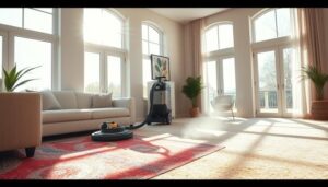 A professional carpet cleaning scene in a modern living room, showcasing pristine carpets with vibrant colors, an industrial carpet cleaning machine, and sparkling sunlight streaming through large windows, emphasizing cleanliness and quality service.