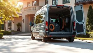 A modern, well-equipped carpet cleaning van parked outside a stylish, upscale home. The van features advanced cleaning equipment, with hoses and tools neatly organized. A pristine, freshly cleaned carpet is shown in the foreground, showcasing vibrant colors and texture. Sunlight filters through nearby trees, creating a warm, inviting atmosphere. The overall scene conveys professionalism, reliability, and high-quality service.