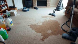 A cluttered living room with a large, stained carpet, showing various common carpet cleaning mistakes like excessive water usage, unkempt cleaning supplies, and mismatched cleaning tools. In the background, a bottle of harsh chemicals and a vacuum cleaner with tangled cords. Subtle hints of damage on the carpet from incorrect cleaning methods. Emphasize a realistic yet chaotic scene. Include "A-1 carpet cleaning" in small detail within the image.