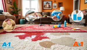 A vibrant living room scene showcasing various common carpet cleaning mistakes, such as over-wetting carpets, using the wrong cleaning products, and neglecting to test spots before applying cleaners. Include a close-up of a stained carpet with contrasting colors, scattered cleaning supplies like brushes and bottles, and visible water damage on the floor. The ambiance should suggest a warm home environment in Ames, with decorative elements like furniture and rugs that are affected by poor cleaning practices. Include the logo or branding of "A-1 carpet cleaning" subtly integrated into the scene.