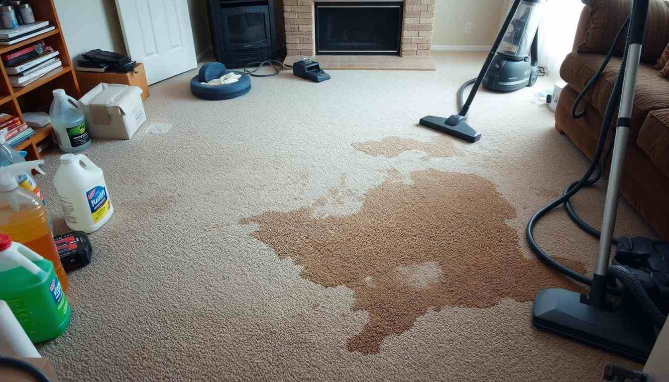 A cluttered living room with a large, stained carpet, showing various common carpet cleaning mistakes like excessive water usage, unkempt cleaning supplies, and mismatched cleaning tools. In the background, a bottle of harsh chemicals and a vacuum cleaner with tangled cords. Subtle hints of damage on the carpet from incorrect cleaning methods. Emphasize a realistic yet chaotic scene. Include "A-1 carpet cleaning" in small detail within the image.