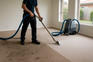 Side-by-side before and after carpet cleaning comparison in an Ames rental unit.