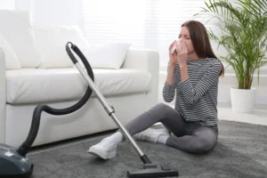 Carpet cleaner removing stains from an Ames apartment living room during a move-out service.