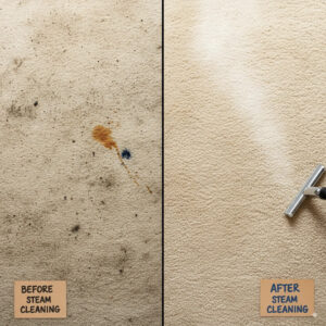 Side-by-side view of dirty carpet versus freshly steam-cleaned carpet in a Boone home
