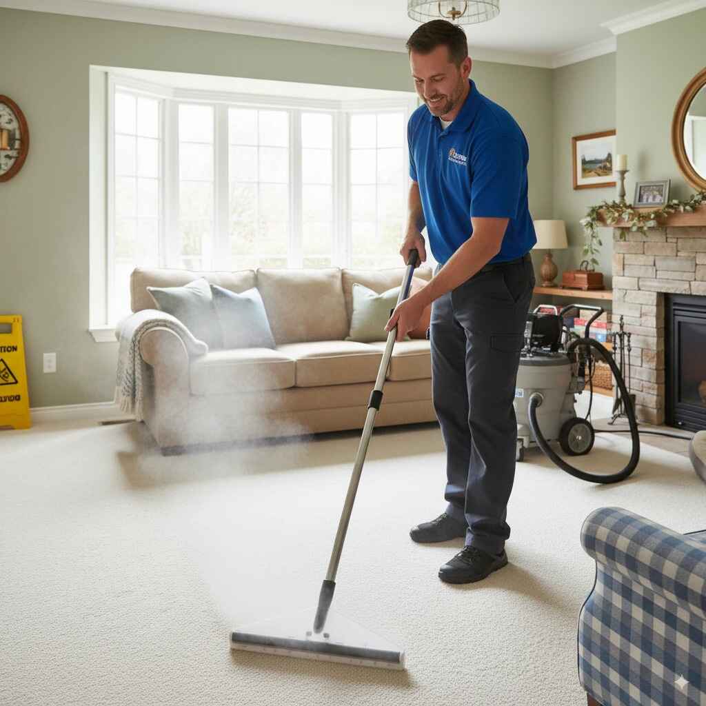 Professional carpet cleaner using steam cleaning wand inside a Boone, Iowa living room