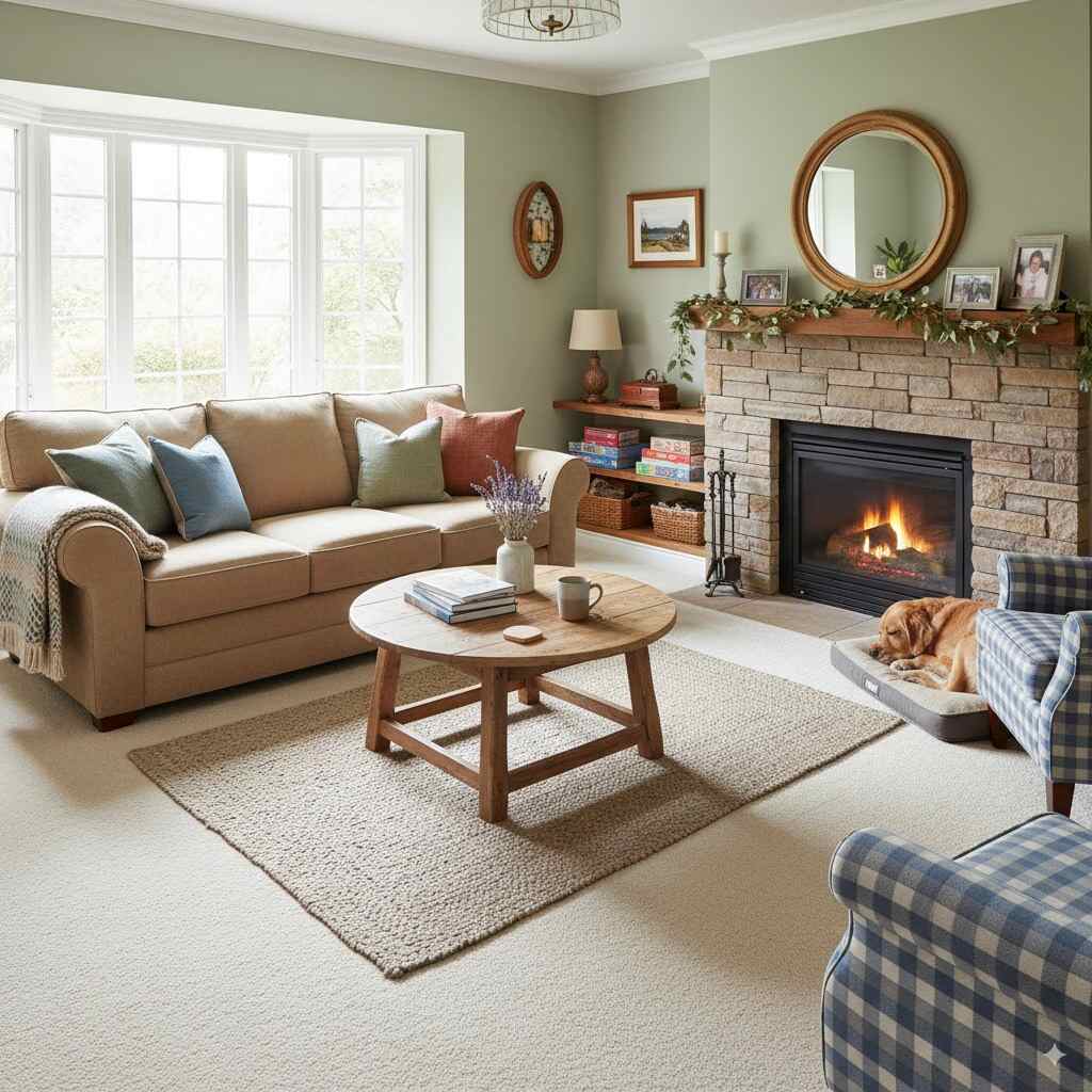Cozy small-town Boone living room with clean carpet after professional carpet cleaning.