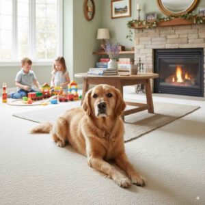 Dog relaxing on freshly cleaned carpet in a Boone home, safe for families and pets.