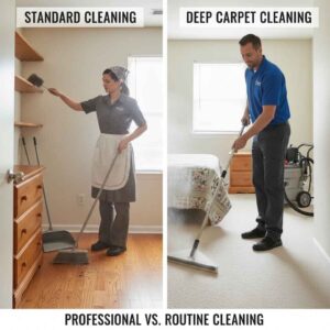 Residential maid service in Ames cleaning living room surfaces, dusting furniture, and vacuuming