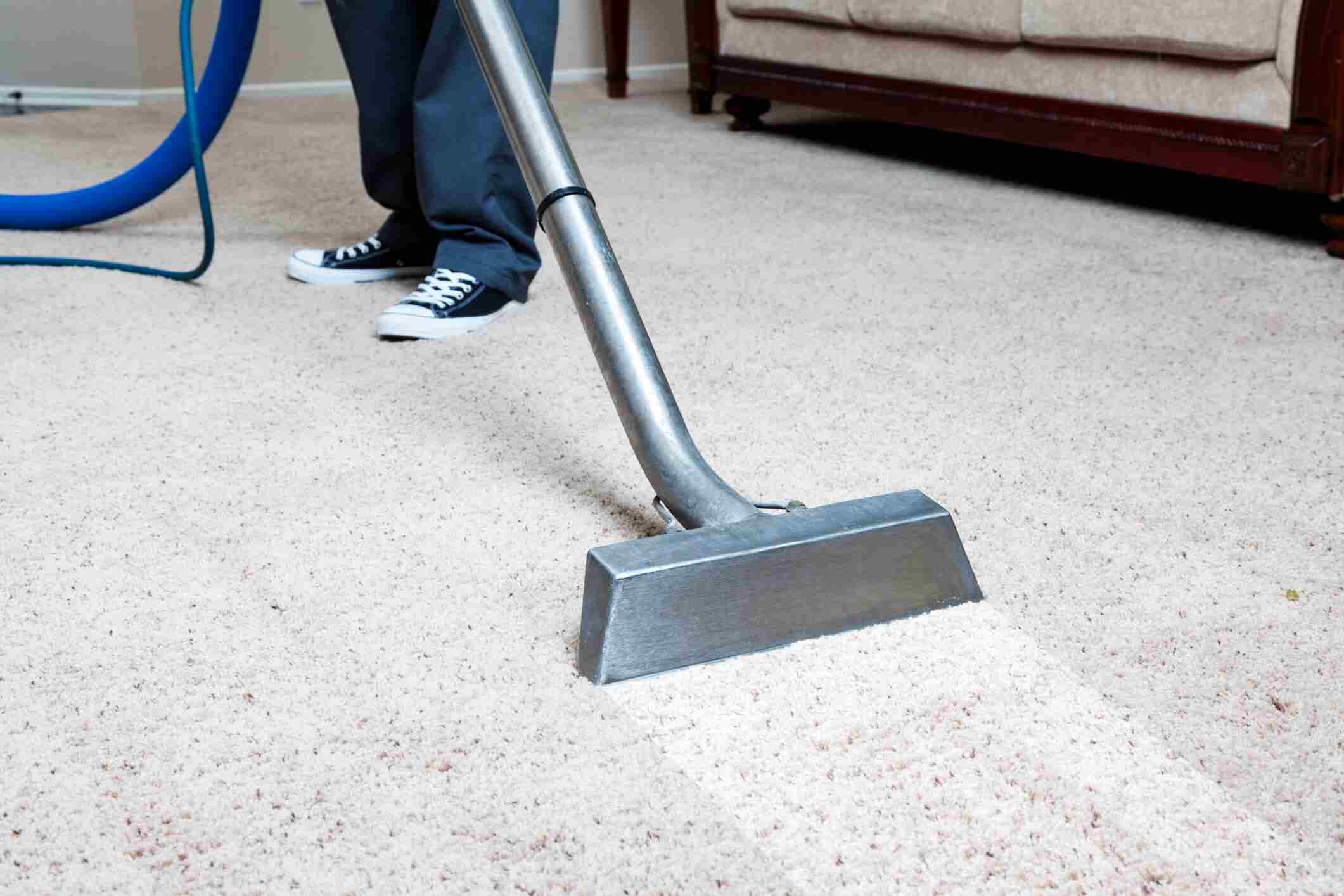 Professional carpet cleaner using hot water extraction equipment in an Ames, Iowa home.