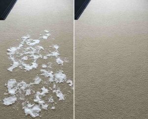 Before and after photo showing salt stain removal from carpet in Ames