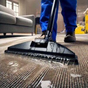 Technician extracting water from flooded living room carpet in Ames home