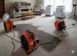 Industrial fans drying carpet after emergency water extraction in Ames