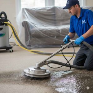 A-1 Carpet Cleaning Ames technician using Rotovac for deep water removal
