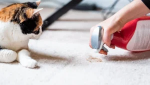 Enzyme solution being applied to carpet urine stain before hot water extraction