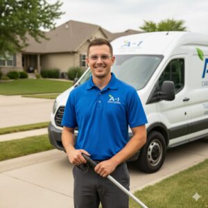 A-1 Carpet Cleaning technician outside Iowa home ready for tile and grout cleaning