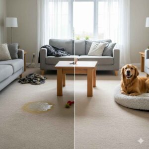 Before and after pet urine odor removal results from A-1 Carpet Cleaning.