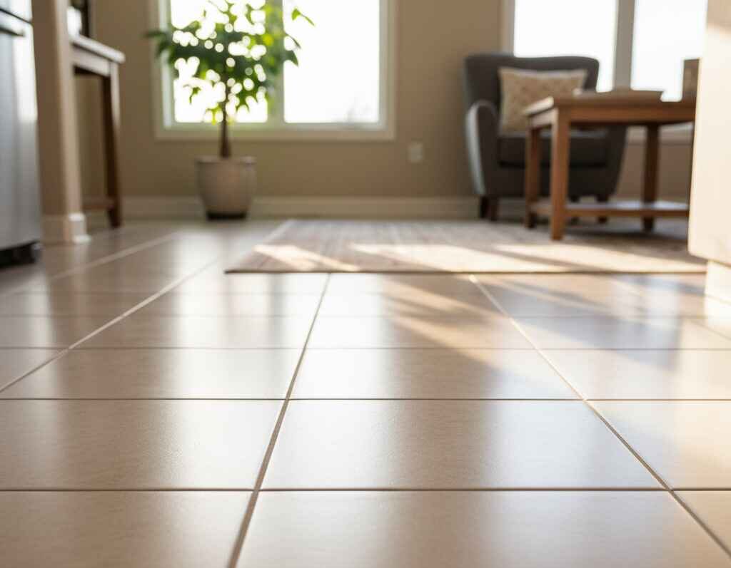 Shiny clean tile floor showing results of regular professional cleaning.