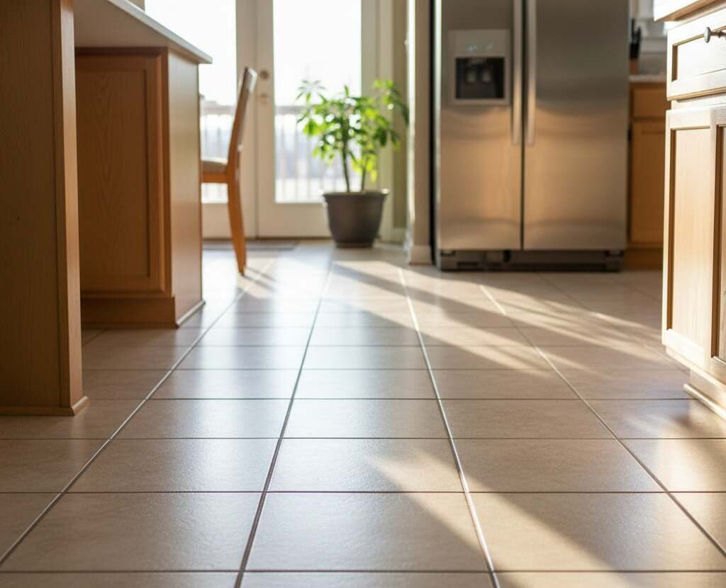 Shiny clean tile floor in an Iowa home kitchen after professional grout cleaning.