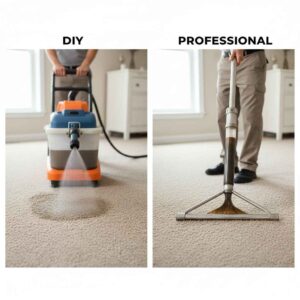Comparison of DIY carpet cleaning tools versus professional extraction equipment.