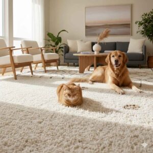 Dog on carpet showing common pet-related mess before cleaning Ames Iowa homes with pets.