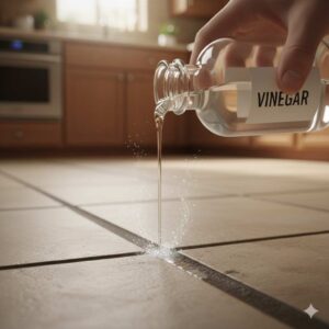 Vinegar pouring onto grout illustrating acid damage