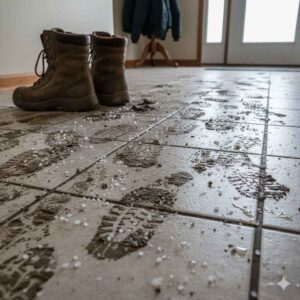 Winter mud and salt tracked into tile floor in Iowa home.