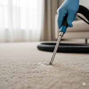 Professional applying enzymatic treatment deep into carpet padding