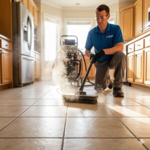 Professional tile and grout cleaning using steam extraction equipment.