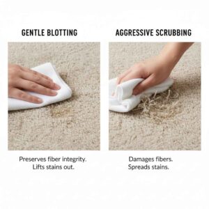 Proper carpet stain removal technique — blotting not scrubbing to prevent fiber damage.