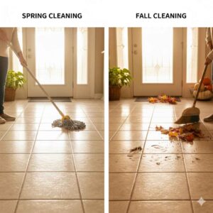 Spring and fall seasonal tile cleaning in Iowa home entryway.