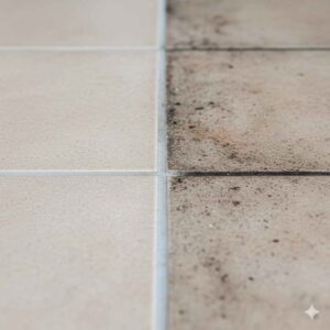 Close-up of dirty grout versus clean grout on tile floor.