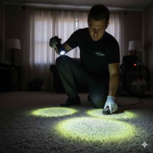 UV light revealing hidden pet urine stains deep in carpet fibers.