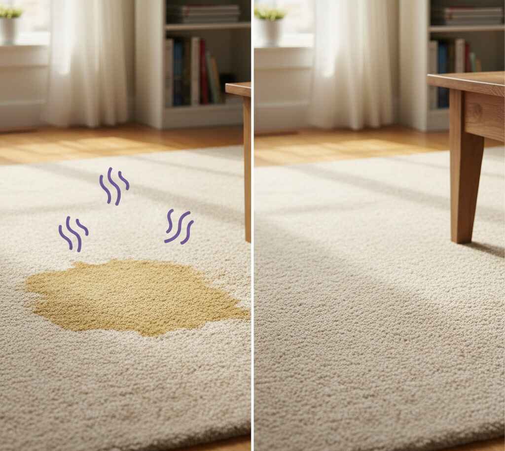 Before and after professional pet urine removal from carpet in Ames, Iowa.