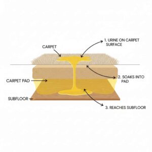 Diagram showing how pet urine travels through carpet into the padding.