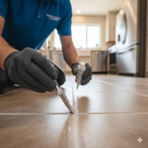 Professional applying grout sealer on tile floor to prevent stains and damage.