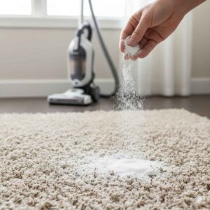 Baking soda used for pet-safe carpet deodorizing in Ames Iowa home safe but abrasive when overused.