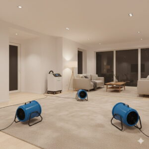 Proper carpet drying using air movers and dehumidifier after cleaning