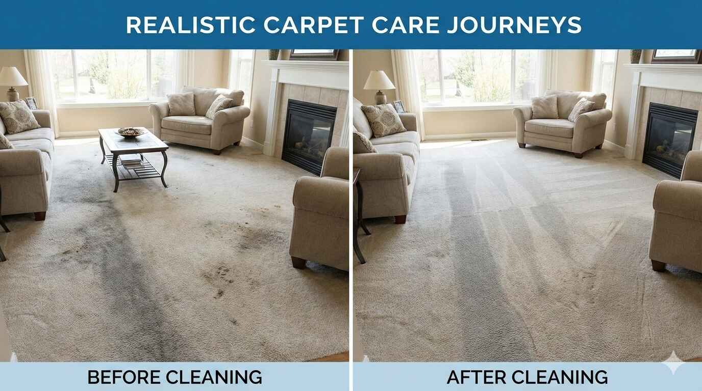 Carpet still looks dirty after cleaning due to residue and worn fibers in Ames Iowa home