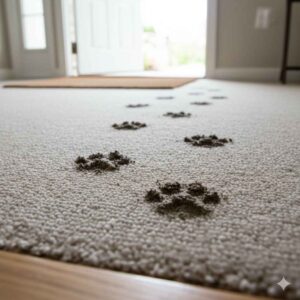 Muddy paw prints on carpet in Ames Iowa home